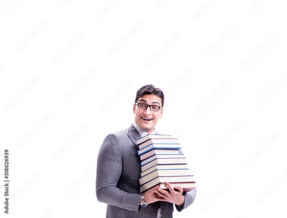 Businessman student carrying holding pile of books isolated on w Businessman student carrying holding pile of books isolated on w