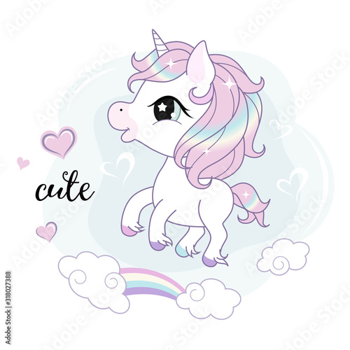 Cute little unicorn character over background with rainbow. Vector.