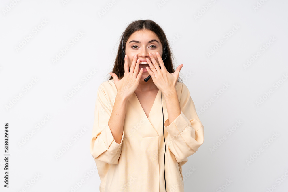 Young telemarketer woman over isolated white background with surprise facial expression Young telemarketer woman over isolated white background with surprise facial expression
