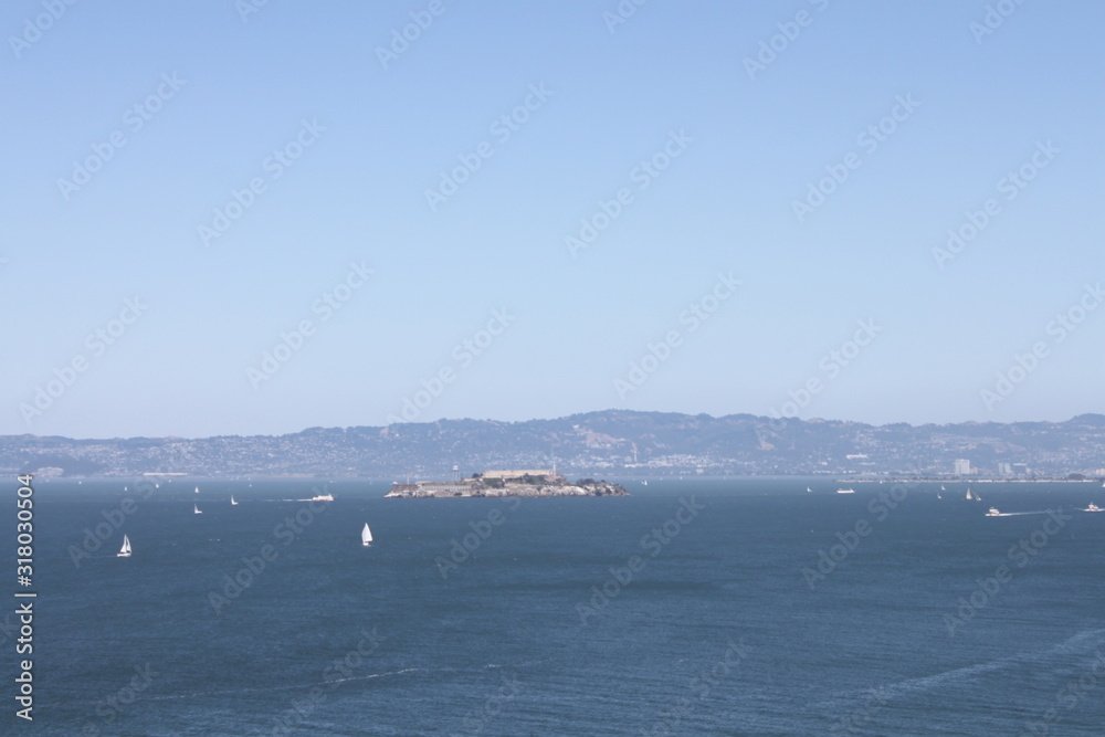 view of Alcatraz Island and prison in San Francisco Bay, San Francisco, California, United States.