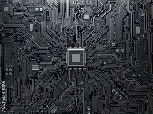 PU chip on circuit board. Black motherboard with central processor chip. Computer hardware tecnology.