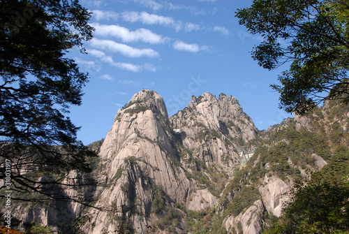 Huangshan Mountain in Anhui Province, China. Looking towards the peaks of Huangshan from the Western Path that ascends the mountain to Yuping Hotel. Scenic view on Huangshan Mountain, China.