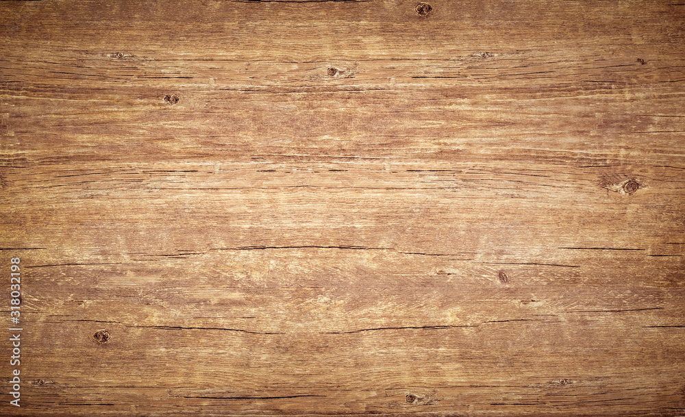 Wood texture background, top view of vintage brown table with cracks. Wooden board surface with natural color and pattern. - obrazy, fototapety, plakaty 
