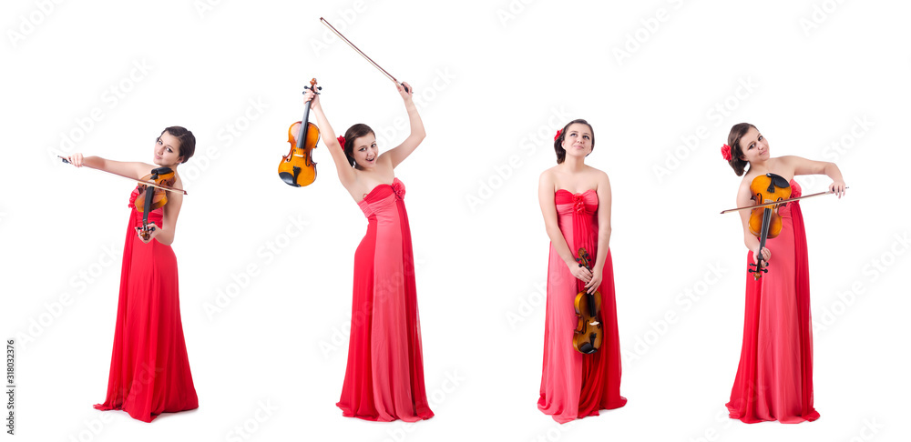 Young girl with violin on white