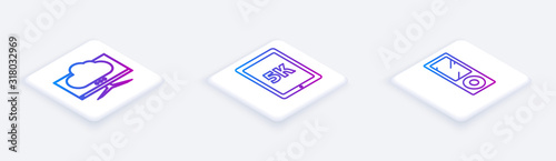 Set Isometric line Computer monitor screen, Tablet with text 5k and Music player. White square button. Vector