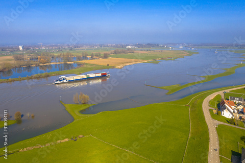 Cargo vessel River Lek aerial view