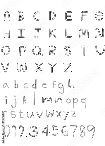 Lowercase letters, uppercase letters and numbers are handwritten.English font and number font on white background.