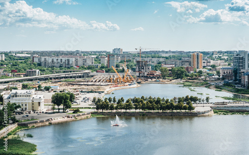 Aerial cityscape with a panoramic view. Chelyabinsk city aerial view at summer time.