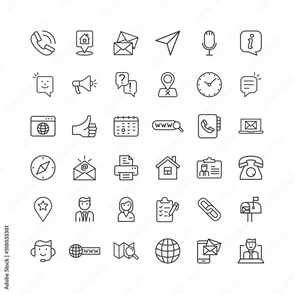 Contact us thin line icon set in flat style. Mobile communication vector illustration on white isolated background. Phone call business concept.