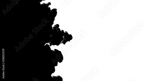 Ink in water, precart black watercolor ink slow motion transition drop on white background. Transparent transition effect, isolated, organic flow. photo