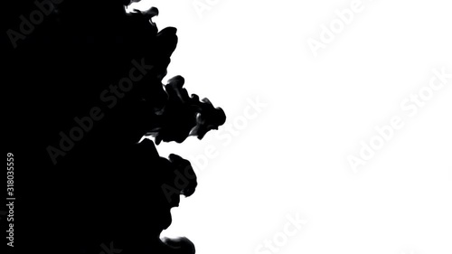 Ink in water, precart black watercolor ink slow motion transition drop on white background. Transparent transition effect, isolated, organic flow.