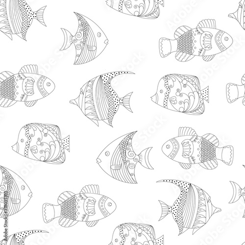 seamless pattern Fish, ornamental graphic fish, floral line pattern. Vector. Zentangle doodle. Coloring book page for adult. Hand drawn artwork. concept for restaurant menu card. Black and white © Pavel