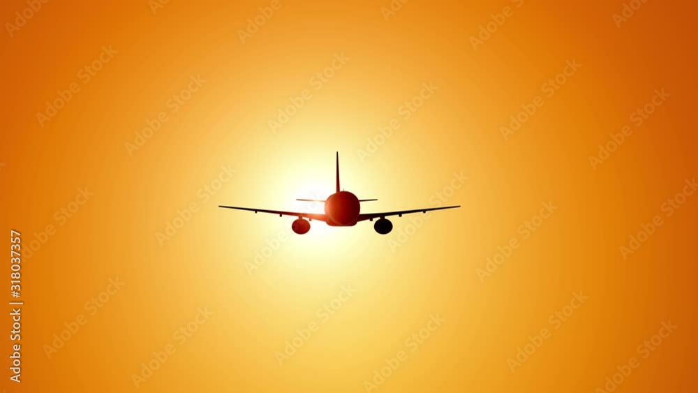 A large passenger plane takes off against the background of a sunset. Orange backgrand..Super slow motion.