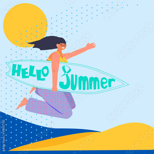 Hello summer. Happy cartoon woman on sun beach jumping with board for serfing with lettering. Vector in flat style.