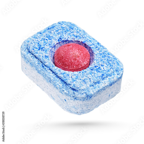 Dishwasher detergent tablet isolated on white background photo