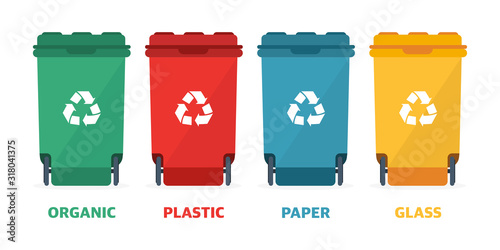 Different colored recycle waste bins vector illustration, Waste types segregation recycling.