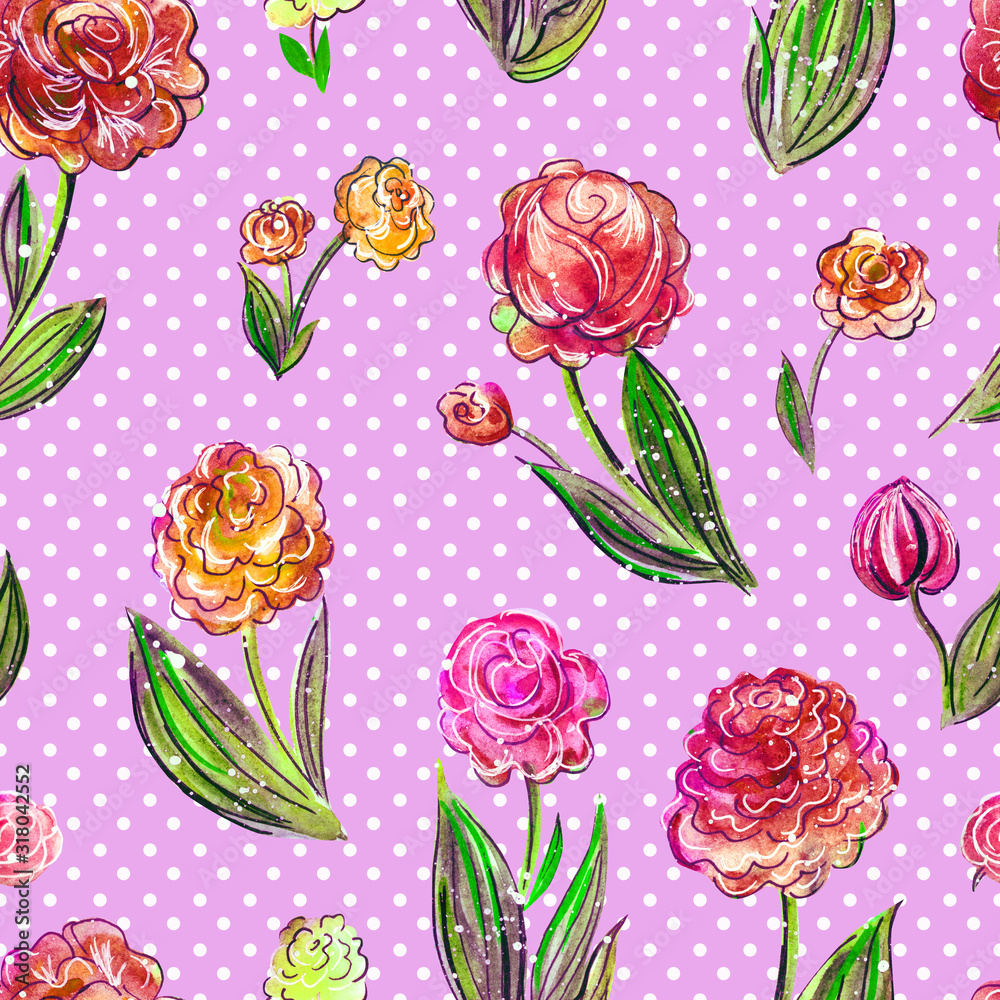 Seamless pattern of abstract flowers on a pink background with white polka dots, floral print for fabric and various designs.