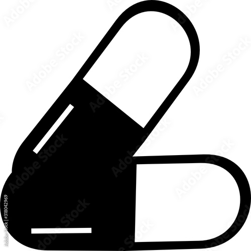 Medical black pills icon isolated on the white background. Medicine, pharmacy, hospital  of drug. Medication, pharmaceutics concept. Vector illustration. Drugs flat icon: pill, capsule.