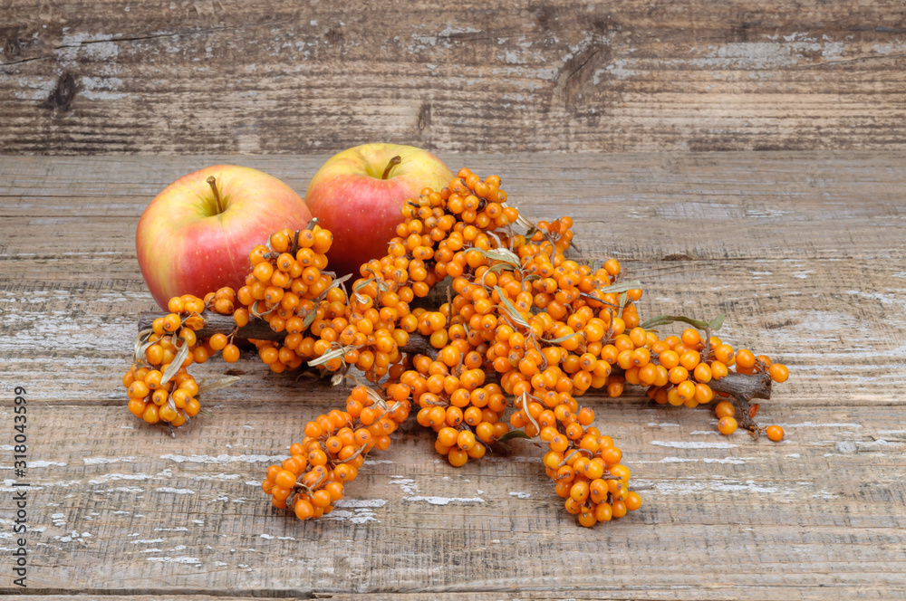 Sea-buckthorn berries and apples are on the table Sea-buckthorn berries and apples are on the table