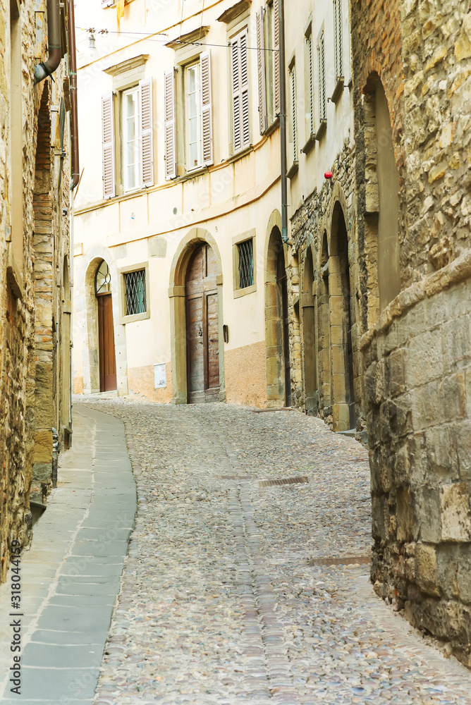the narrow street in old city of Bergamo, Italy