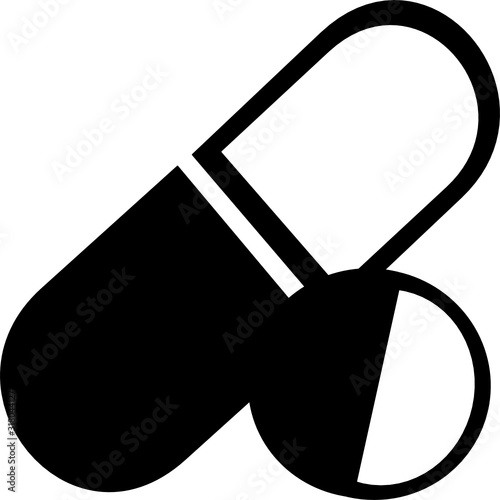 Medical black pills icon isolated on the white background. Medicine, pharmacy, hospital  of drug. Medication, pharmaceutics concept. Vector illustration. Drugs flat icon: pill, capsule.