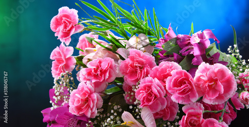 Composition with bouquet of freshly cut flowers