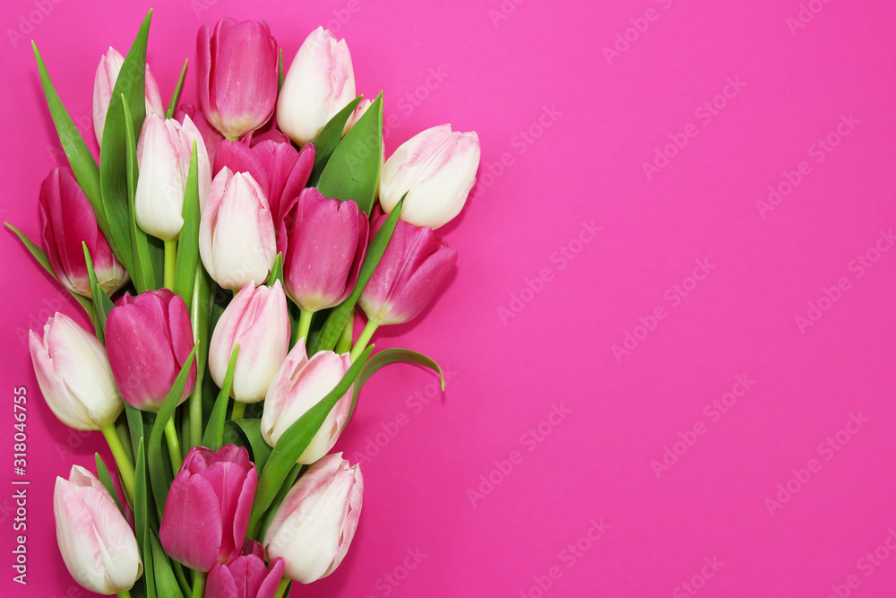 Fototapeta premium Bouquet of beautiful tulips on pink background.