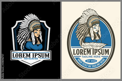 western style Women American Native Indian Warrior vector badge shield logo Template