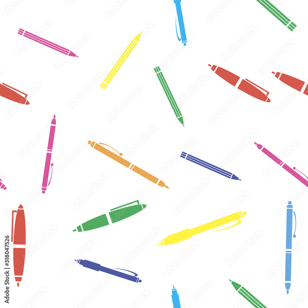 Colorful Pen Seamless Pattern on White Background. Randomly Scattered School Accessories. Colorful Pen Seamless Pattern on White Background. Randomly Scattered School Accessories.