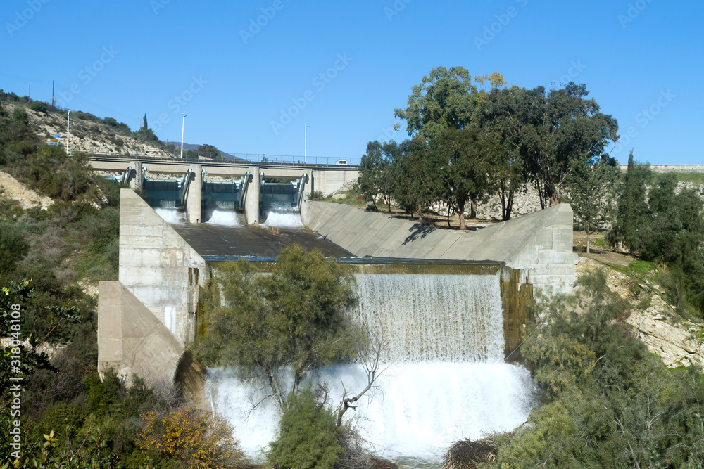 Germasogeia dam, Cyprus overflowing in winter