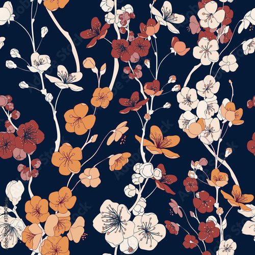 Cherry Flower Asian Style Seamless Vector Textile Pattern 