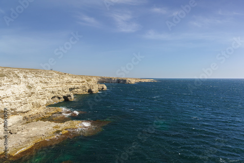 Laconic nature of the Western Crimea. The steep Bank of Cape Tarhankut. Calm sea