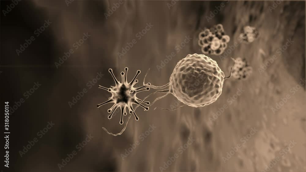 virus attacked by lymphocytes, Cancer cell and Lymphocytes, T-lymphocytes attack a migrating cancer cell, Cancer cell attacked by lymphocytes, Macrophage attack of the cells