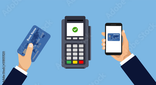 Photo Vector pos terminal confirms the payment by smartphone or card