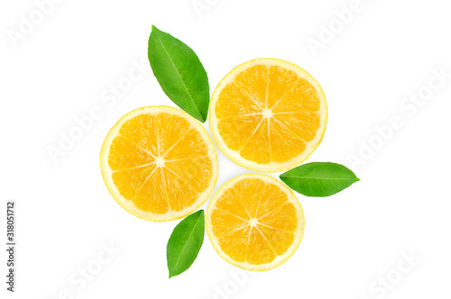 yellow fresh lemon fruit slice with green leaves isolated on the white background
