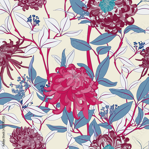 Traditional Botanical Seamless Chrysanthemum Vector Pattern Background