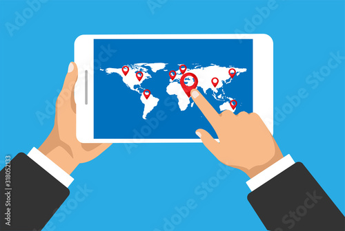 Hand holds phone with world travel map and pinpoint on it. Location on a global map. Vector illustration.