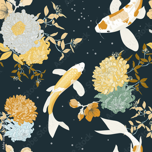 Koi Fish Chrysanthemum Seamless Vector Design