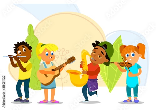 Musical children's band on a white background. Singer and musicians. Vector illustration