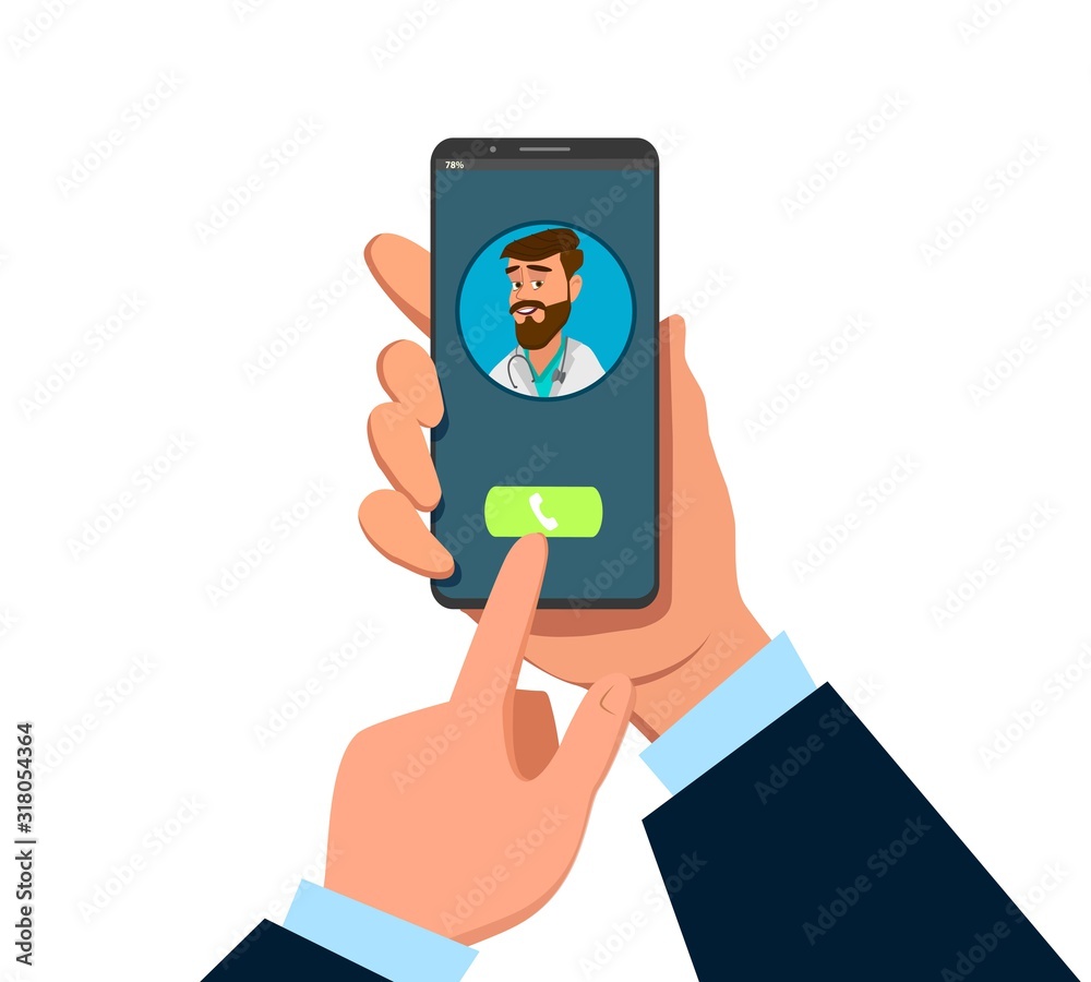 Woman Hand holding smartphone with female therapist on call and an online consultation. Vector flat illustration. Ask doctor. Woman Hand holding smartphone with female therapist on call and an online consultation. Vector flat illustration. Ask doctor.