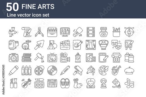 set of 50 fine arts icons. outline thin line icons such as quaver, modeling, pencil, camera, film roll, paper