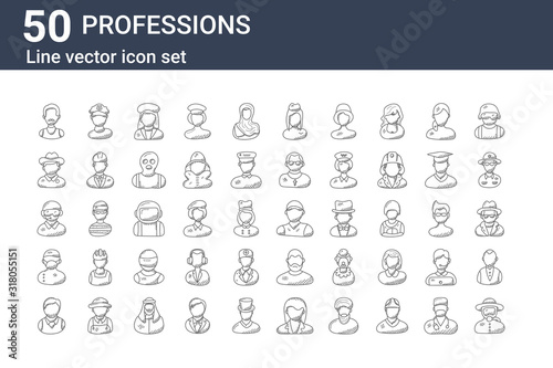 set of 50 professions icons. outline thin line icons such as diver, manager, surgeon, phone operator, spy, cop