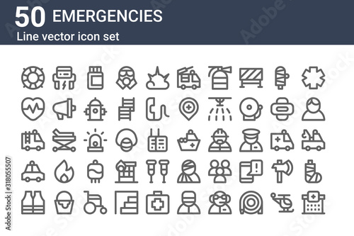 set of 50 emergencies icons. outline thin line icons such as hospital, life jacket, police car, fire truck, heartbeat, defibrillator