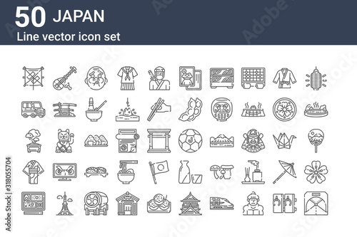 set of 50 japan icons. outline thin line icons such as tunnel, bento, kimono, bonsai, kei, biwa