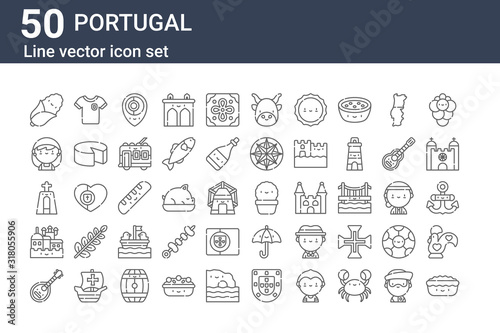 set of 50 portugal icons. outline thin line icons such as pasteis de belem, mandolin, pena national castle, cross, portuguese, jersey