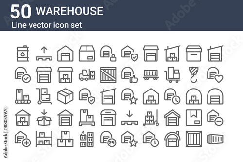 set of 50 warehouse icons. outline thin line icons such as container, warehouse, warehouse, conveyor belt, storage, pallet