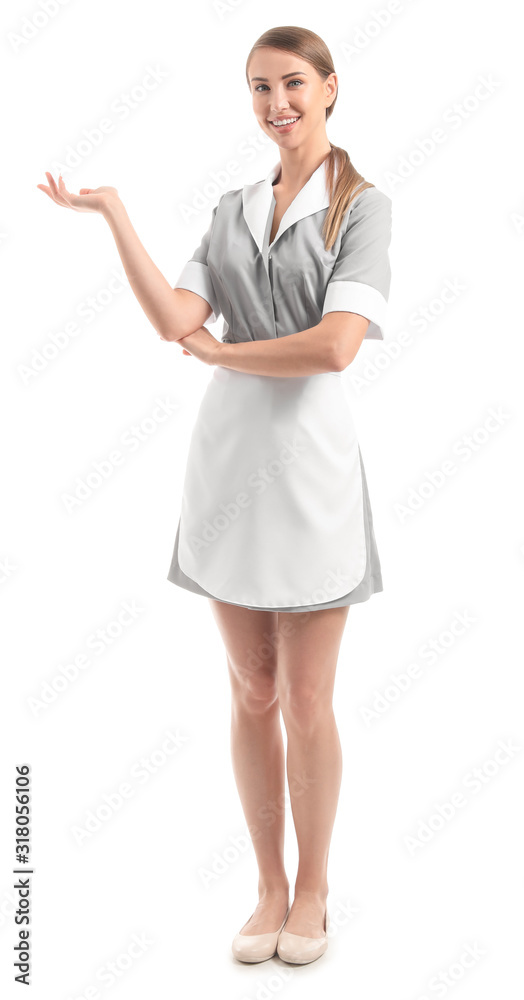 Portrait of beautiful chambermaid on white background