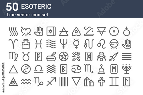 set of 50 esoteric icons. outline thin line icons such as rune, all seeing eye, fire, virgo, aries, voodoo