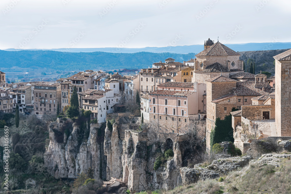 Cuenca view of the old town with its medieval buildings on the rocks of the gorges of the Jucar and Huecar rivers. europe spain