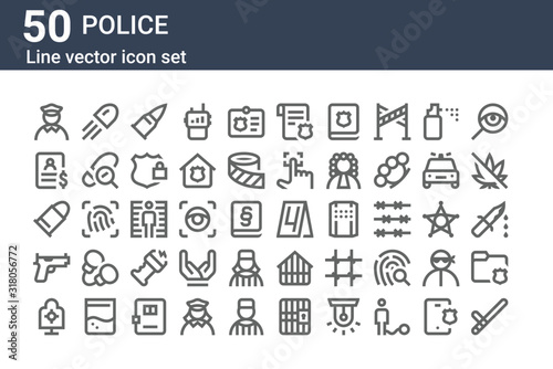 set of 50 police icons. outline thin line icons such as baton, shooting target, gun, ammunition, wanted, bullet
